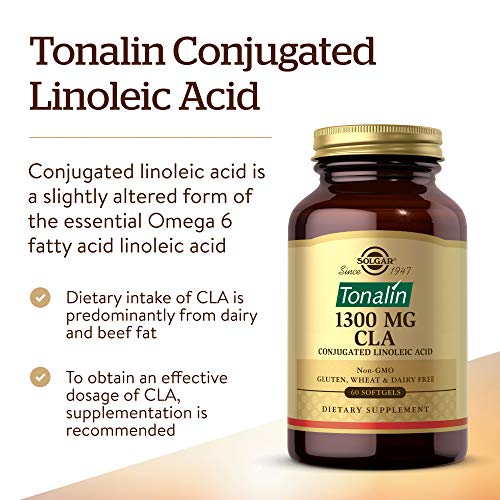 Solgar Tonalin CLA 1300 mg, 60 Softgels - Essential Omega-6 Fatty Acid - Derived from Non-GMO Safflower Seed Oil - Gluten Free, Dairy Free - 60 Servings