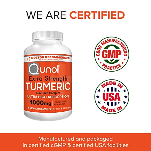 Turmeric Curcumin Capsules, 40x Better Absorption, Qunol 1000mg Extra Strength Supplement, Patented Hydro-Soluble Technology, Alternative to Turmeric Curcumin with Black Pepper, 120 Veggie Capsules