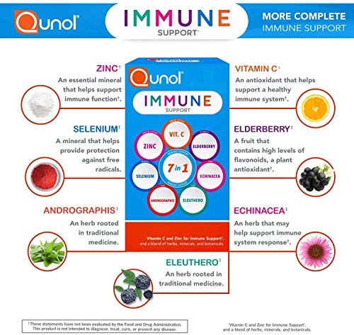 Qunol Immune Support, Vegetarian Capsules, 7 in 1 Immunity Defense Booster Supplement, Vitamin C, Zinc, Elderberry, Echinacea, Selenium, Eleuthero and Andrographis, 30 Count