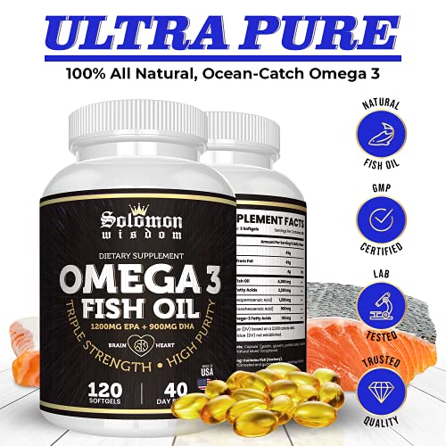Solomon Wisdom Omega 3 Fish Oil - Dietary Supplement for Healthy Heart & Brain - 120 Soft Gel Capsules with High EPA 1200mg & DHA 900mg - Burpless, Odorless with Natural Lemon Flavor - Made in the USA
