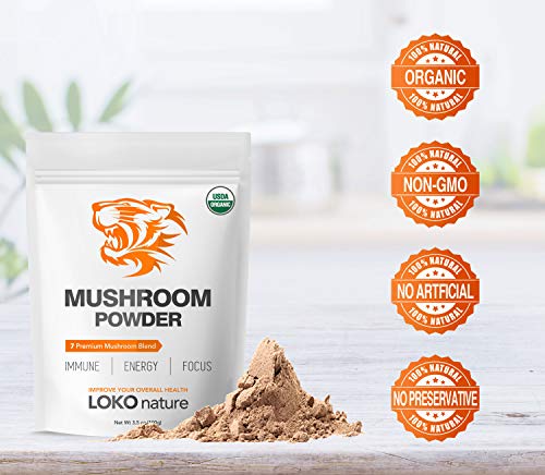 Tiger 7 Mushroom Extract Powder – Organic Superfood Mushroom Powder, Antioxidants, Immune System Booster, Brain Health, Powerful Natural Ingredients, Vegan, Dairy Free, Non-GMO, 3.5oz (100g)