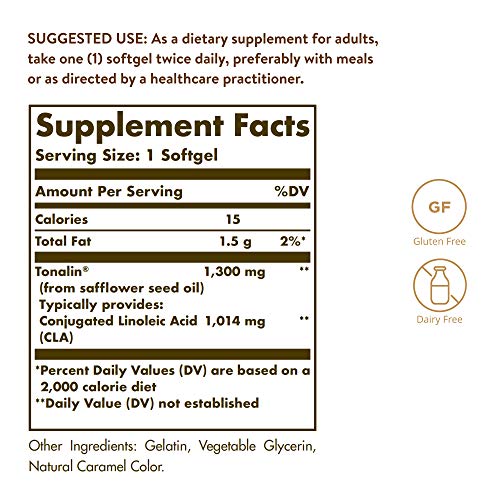 Solgar Tonalin CLA 1300 mg, 60 Softgels - Essential Omega-6 Fatty Acid - Derived from Non-GMO Safflower Seed Oil - Gluten Free, Dairy Free - 60 Servings