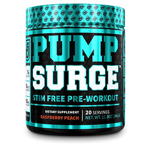 PUMPSURGE Caffeine Free Pump & Nootropic Pre Workout Supplement - Non Stimulant Preworkout Powder & Nitric Oxide Booster - 20 Servings, Raspberry Peach