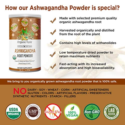 Organic Veda Ashwagandha Powder 1 lb | High Potency Natural Withanolides, Pure 100% Organic Ashwagandha, Premium Selected Roots, India Original Withania somnifera, Non GMO | Anxiety Relief & Adrenal Support