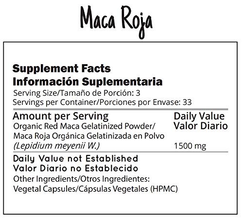 Amazon Andes - Gelatinized Red maca Root Capsules - 100 * 500 mg - Vegan Pills - Organic USDA Supplement - Non GMO