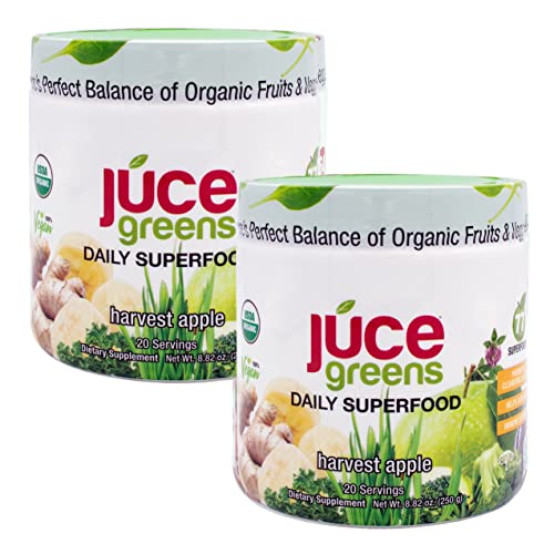 Terra Kai Organics JUCE Greens Superfood Drink Mix - Harvest Apple Flavor - 40 Servings - Fruits & Vegetables for Immune Boost, Detox & Cleanse, Improve Gut Health (17.44 Ounce, Pack of 2)