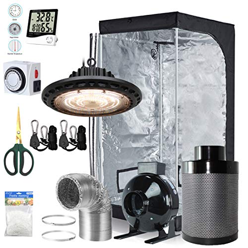 BloomGrow 300W Full Spectrum UFO LED Light + 32''x32''x63'' Grow Tent + 4'' Inline Fan Filter Duct Combo + Hangers + Hygrometer + Shears + 24-hour Timer + Trellis Netting Indoor Grow Tent Complete Kit