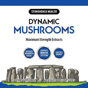 Stonehenge Health Dynamic Mushrooms - 100% Fruiting Bodies & Extracts - Lion’s Mane, Chaga, Maitake, Shiitake, Reishi - Nootropic Brain & Focus, Immune System Booster - No Mycelium -60 Veggie Capsules