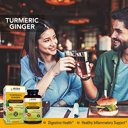 Avira Organic Turmeric Ginger Super Fusion with Curcumin & Bioperine, Digestive Health, Joint & Immune Support, Enhanced Absorption, Non-GMO, Max Strength-2190mg Per Day Intake, Yellow, 90 Count