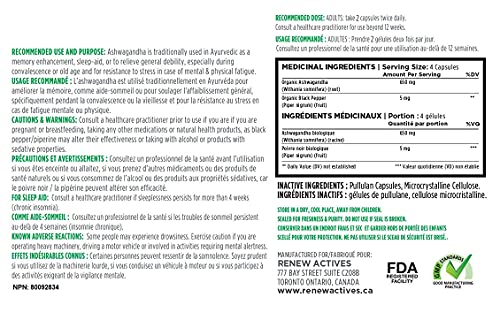 Renew Actives Organic ASHWAGANDHA Capsules: 1300 Mg of Ashwagandha with 10 Mg of Black Pepper - Powerful Herbal Supplement Traditionally Used to Support Sleep - 120 Veggie Supplements. Non-GMO