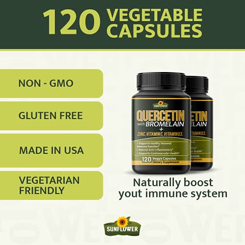 Quercetin with Vitamin C and Zinc - Quercetin with Bromelain - Quercetin 500mg - Zinc Quercetin - 120 Veggie Caps - Quercetin Supplements + Vitamin D3 - (Non-GMO, Gluten-Free, Vegan) 2 Month Supply