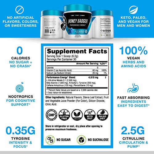 Honey Badger Pre Workout Powder | Vegan Keto Blue Raspberry Preworkout | Natural Energy for Men & Women | Beta Alanine, Caffeine & Vitamin C for Immune Support | Sugar Free & Paleo | 30 Servings