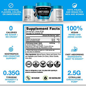 Honey Badger Pre Workout Powder | Vegan Keto Blue Raspberry Preworkout | Natural Energy for Men & Women | Beta Alanine, Caffeine & Vitamin C for Immune Support | Sugar Free & Paleo | 30 Servings