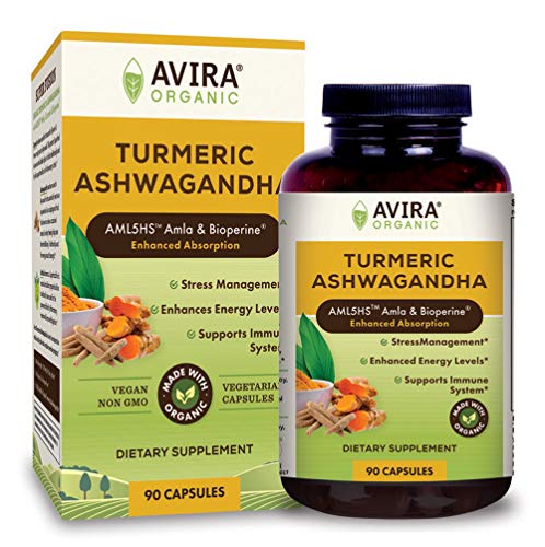 Avira Organic Turmeric Ashwagandha, Super Fusion with Amla, Curcumin & Bioperine, Helps Support Occasional Stress Management, Energy Level & Immune System, Vegan, Non-GMO, Yellow, 90 Count