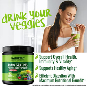 NATURELO Raw Greens Superfood Powder - Unsweetened - Boost Energy, Detox, Enhance Health - Organic Spirulina - Wheat Grass - Whole Food Nutrition from Fruits and Vegetables - 30 Servings