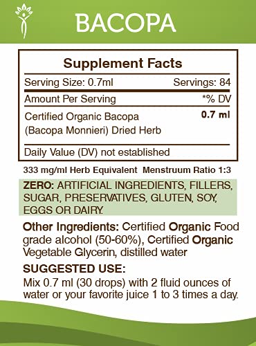 Bacopa Tincture Alcohol Extract, Organic Bacopa (Bacopa Monnieri) Herb 2 oz