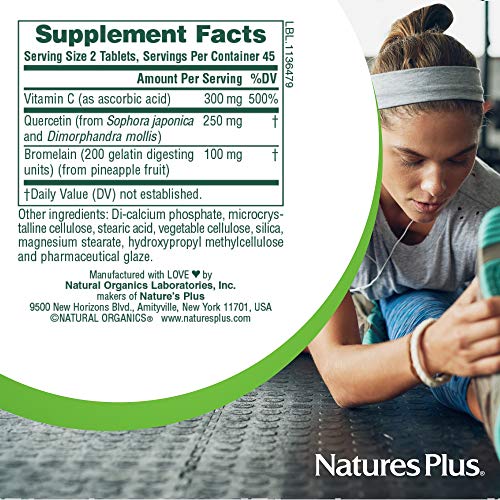 NaturesPlus Quercetin Plus with Vitamin C & Bromelain - 650 mg, 90 Vegetarian Tablets - Allergy Relief Supplement, Antioxidant, Anti-Inflammatory - Gluten-Free - 45 Servings
