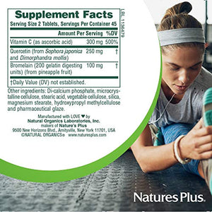 NaturesPlus Quercetin Plus with Vitamin C & Bromelain - 650 mg, 90 Vegetarian Tablets - Allergy Relief Supplement, Antioxidant, Anti-Inflammatory - Gluten-Free - 45 Servings