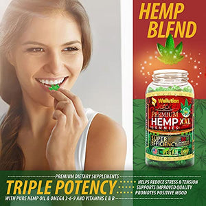 Wellution Hemp Gummies XXL High Potency - Fruity Gummy with Hemp Oil, Natural Hemp Candy Supplements for Soreness, Stress & Inflammation Relief, Promotes Sleep & Calm Mood