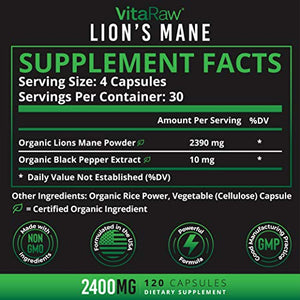 Organic Lions Mane Mushroom Capsules (2400mg | Powerful Nootropic ) Brain Mushroom Supplement for Focus & Immune Support Pure Lion's Mane Mushroom Powder Extract - Brain Booster Memory & Energy Pills