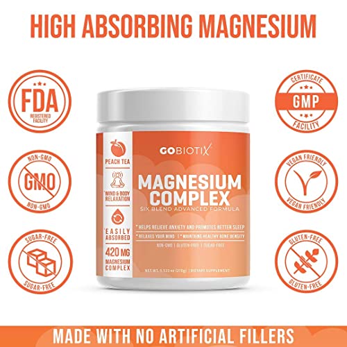 Magnesium Complex Powder by GoBiotix | High Absorption Magnesium Supplement Drink for Sleep Support, Stress Relief, Muscle Relaxation & Recovery | Vegan + Sugar-Free + Non-GMO. Peach Tea, 60 Servings