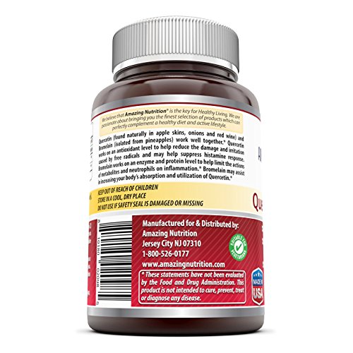 Amazing Nutrition- Quercetin 800 Mg with Bromelain 165 Mg, 120 Vcaps: A Potent Team Providing Amazing Health Benefits. Anti-oxidant and Anti-inflammatory Properties. Supports Heart Health, Joint Health, Energy Production, Respiratory Health, Inflammatory