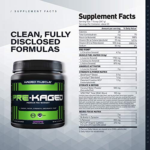 Pre Workout Powder; KAGED MUSCLE Preworkout for Men & Pre Workout Women, Delivers Intense Workout Energy, Focus & Pumps; One of The Highest Rated Pre-Workout Supplements, Grape, Natural Flavors