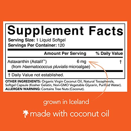 Astaxanthin (6mg) with Organic Coconut | Non-GMO, Soy & Gluten Free - 120 Mini Softgels (4 Month Supply)