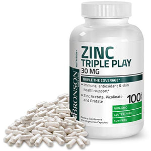 Bronson Zinc Triple Play 30 mg Triple Coverage Immune Support Zinc Supplement with Zinc Acetate, Picolinate & Orotate - Immune, Antioxidant & Skin Health Support - 100 Vegetarian Capsules