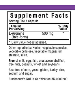 Bluebonnet Nutrition L-Arginine 500mg, Free-Form Amino Acid, Nitric Oxide Precursor*, Soy-Free, Gluten-Free, Non-GMO, Kosher Certified, Vegan, 100 Vegetable Capsules, 100 Servings, White