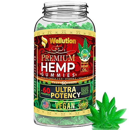 Wellution Vegan Hemp Gummies for Sleep x60 Ultra Potency - Stress Relief - Mood Enhancer & Immune Support - Rich in Vitamins B, E & Omega 3-6-9, Made in USA