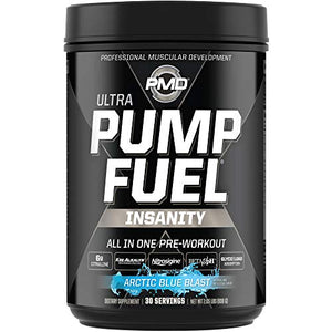 PMD Sports Ultra Pump Fuel Insanity - Pre Workout Drink Mix for Energy, Strength, Endurance, Muscle Pumps and Recovery - Complex Carbohydrates and Amino Energy - Arctic Blue Blast (30 Servings)