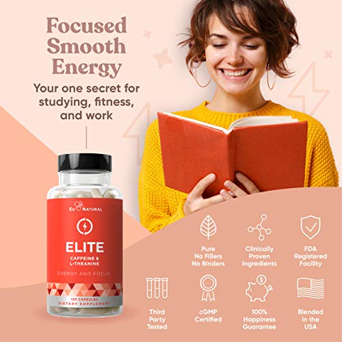 Elite Caffeine with L-Theanine – Jitter-Free Focused Energy Pills – Natural Nootropic Stack for Smart Cognitive Performance – 120 Soft Capsules