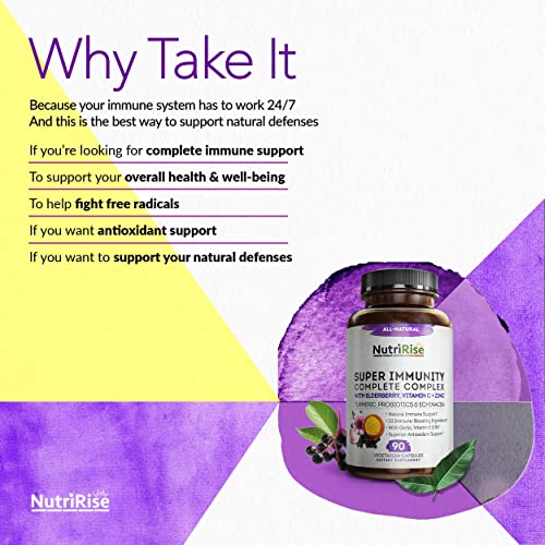 Immunity Complex Immune Support Supplement - 10 Super-Concentrated Ingredients: Vitamin C E B6 Zinc L-Glutamine Elderberry Echinacea Garlic Turmeric Curcumin 7.2 Billion CFU Probiotics For Men & Women