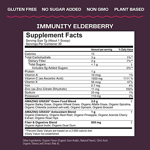 Amazing Grass Greens Blend Immunity Elderberry: Super Greens Powder with 1,000mg Vitamin C, Elderberry, Zinc, Prebioitics & Probiotics, 30 Servings