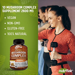 NutriFlair Mushroom Supplement 2600mg - 90 Capsules - 10 Mushrooms - Reishi, Lions Mane, Cordyceps, Chaga, Turkey Tail, Maitake, Shiitake Nootropic Complex - Brain, Energy, Focus