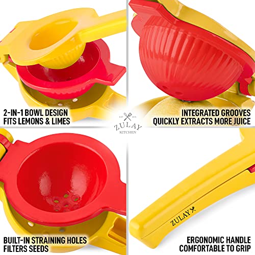 Zulay Premium Quality Metal Lemon Lime Squeezer - Manual Citrus Press Juicer (Bright Yellow and Red)