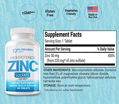 Zinc 220mg [High Potency] Supplement – Zinc Sulfate for Immune Support System 100 Tablets