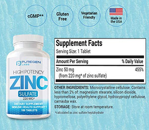 Zinc 220mg [High Potency] Supplement – Zinc Sulfate for Immune Support System 100 Tablets