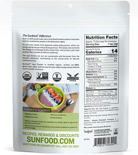 Sunfood Acai Powder | Organic & Unsweetened | 100% Raw Freeze Dried Berries | Natural Antioxidant | Non-GMO, Gluten-Free | Ultra-Clean: No Fillers, Additives, Preservatives | 8 Ounce Bag