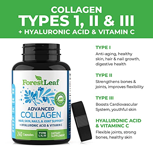 Advanced Collagen Supplement, Type 1, 2 and 3 with Hyaluronic Acid and Vitamin C - Anti Aging Joint Formula - Boosts Hair, Nails and Skin Health - Capsules - by ForestLeaf (240 Capsules)