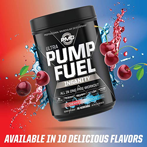 PMD Sports Ultra Pump Fuel Insanity - Pre Workout Drink Mix for Energy, Strength, Endurance, Muscle Pumps and Recovery - Complex Carbohydrates and Amino Energy - Cherry Bombsicle (30 Servings)