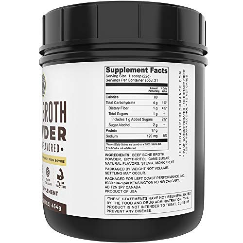 Bone Broth Protein Powder Vanilla 16oz, Grass Fed, Non-GMO Ingredients, Gut-Friendly*, Dairy Free Protein Powder, Low Carb, Keto Friendly Left Coast Performance