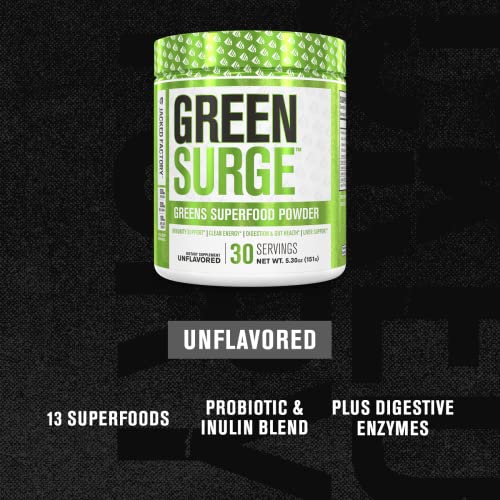 Green Surge Green Superfood Powder Supplement - Keto Friendly Greens Drink w/Spirulina, Wheat & Barley Grass - Green Tea Extract, Probiotics and Digestive Enzymes - Unflavored - 30sv