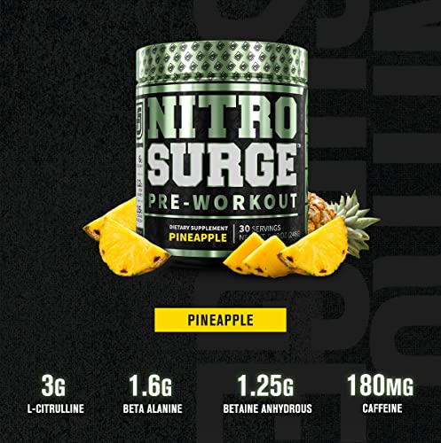 NITROSURGE Pre Workout Supplement - Endless Energy, Instant Strength Gains, Clear Focus, Intense Pumps - Nitric Oxide Booster & Powerful Preworkout Energy Powder - 30 Servings, Pineapple