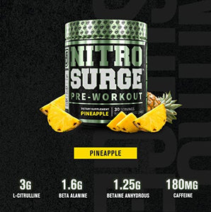 NITROSURGE Pre Workout Supplement - Endless Energy, Instant Strength Gains, Clear Focus, Intense Pumps - Nitric Oxide Booster & Powerful Preworkout Energy Powder - 30 Servings, Pineapple