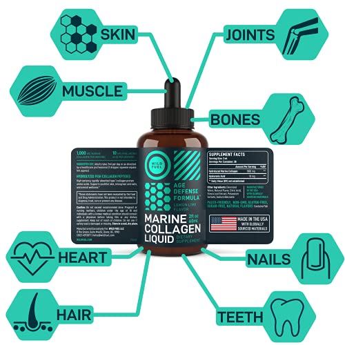 Marine Liquid Collagen Peptides Supplement - 1,000mg Hydrolyzed Marine Collagen Plus 10mg Hyaluronic Acid - Wild Fuel Hair, Skin, Nail, Joint Support - Natural Lemon Lime Flavor - 1-Month, 2 oz