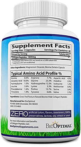 BioOptimal Collagen Pills - Collagen Supplements, 180 Capsules, for Skin, Hair, Nails & Joints, for Women & Men, Grass Fed, Non-GMO, Pasture Raised, Premium Quality