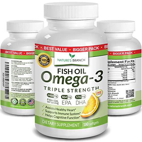 Best Triple Strength Omega 3 Fish Oil Pills - 180 Capsules - 2400mg High Potency Burpless Lemon Flavor 864mg EPA 576mg DHA Ultra Pure Liquid Softgels for Brain Joints Eyes Heart Health Supplement