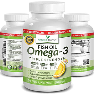 Best Triple Strength Omega 3 Fish Oil Pills - 180 Capsules - 2400mg High Potency Burpless Lemon Flavor 864mg EPA 576mg DHA Ultra Pure Liquid Softgels for Brain Joints Eyes Heart Health Supplement